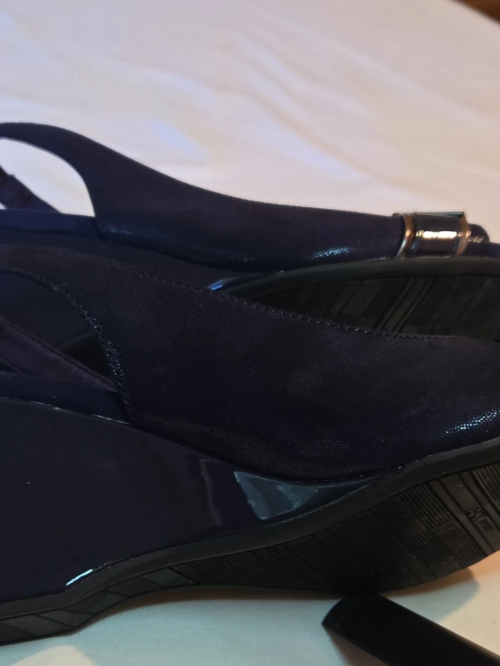 Anne Klein Blue Wedge Slingback Sandals with Gold Accent
